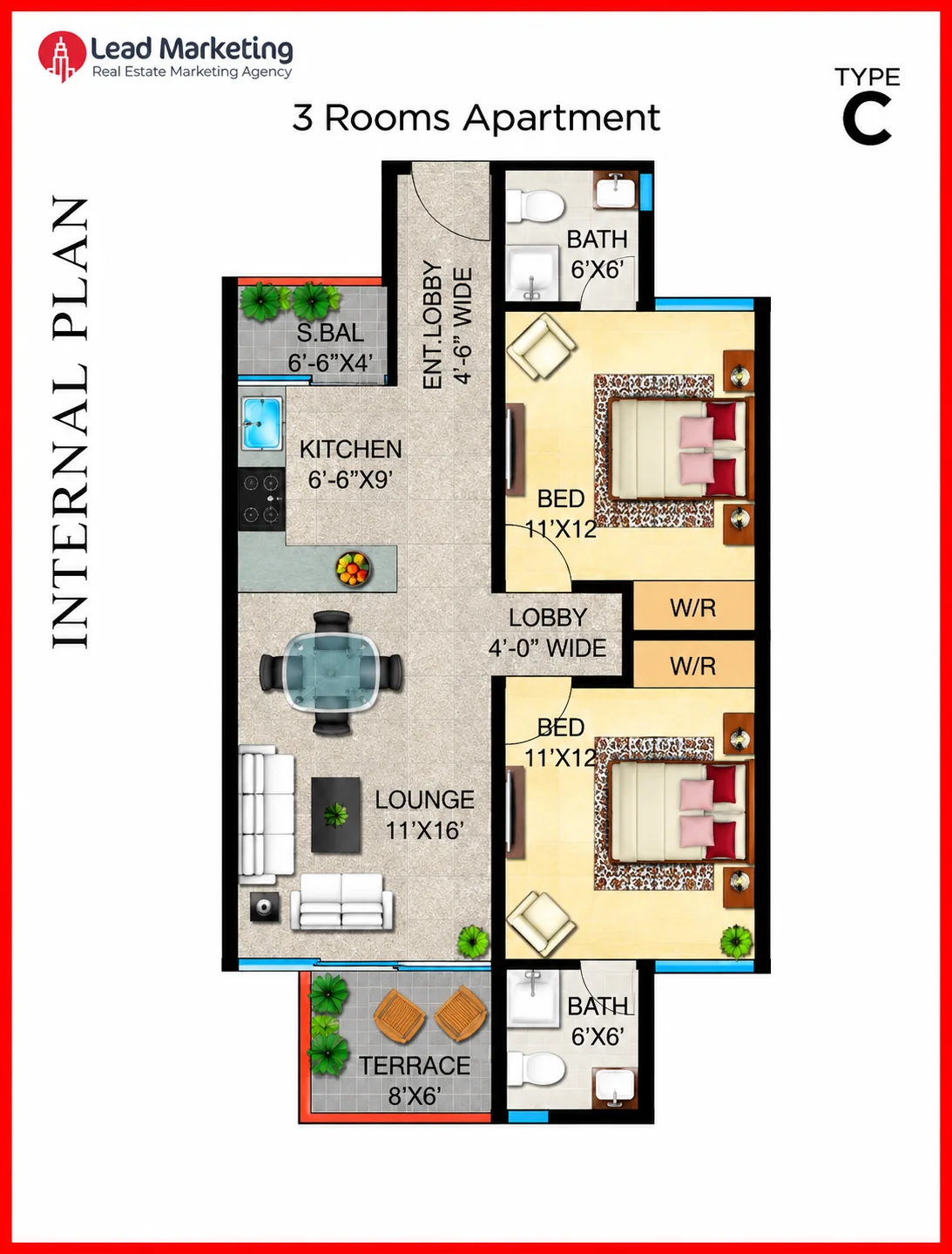 3-Room Apartments – Type C Floor Plan