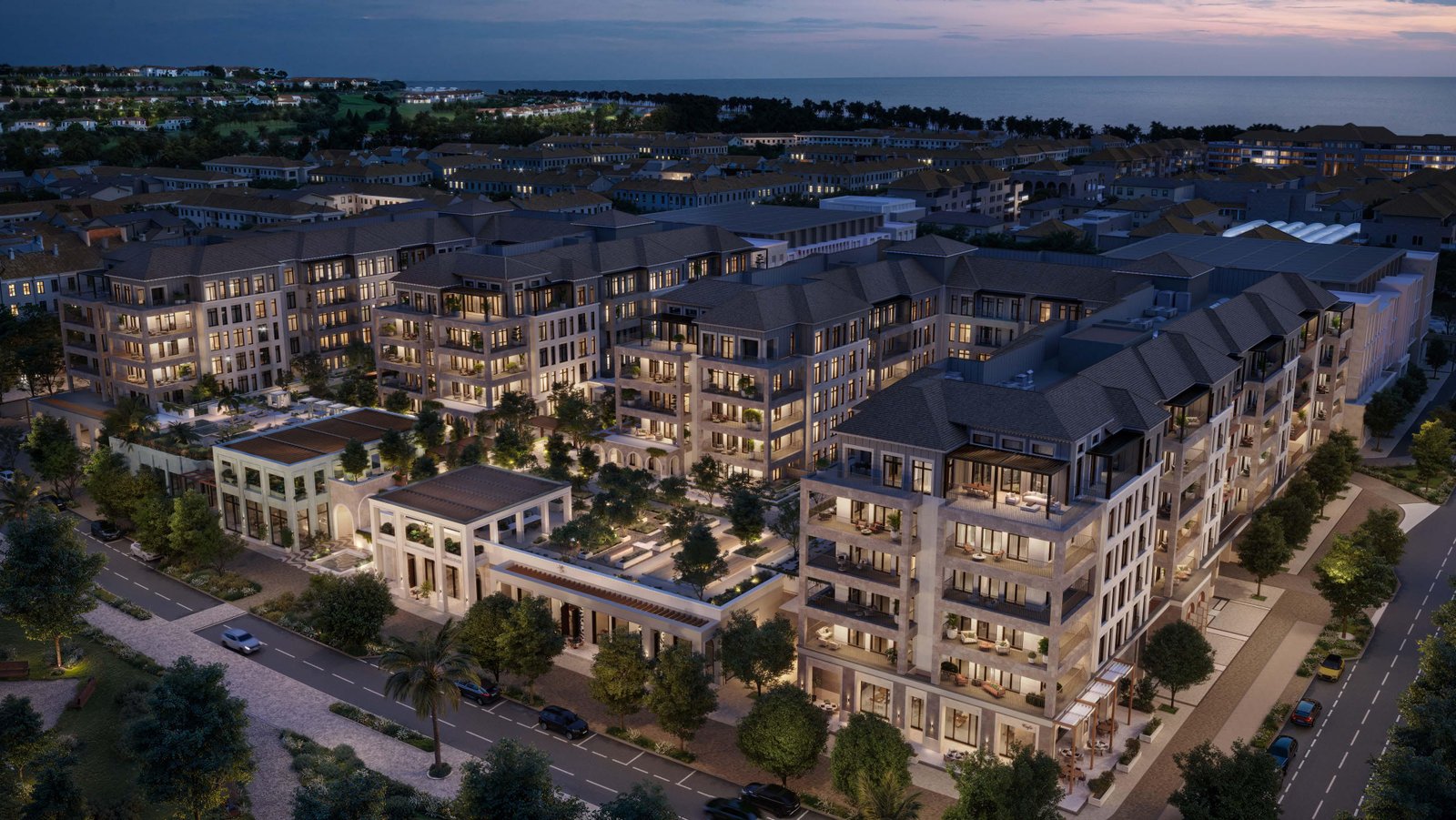 Elegant residential buildings at Nawayef Park Views with landscaped walkways and adjacent park views
